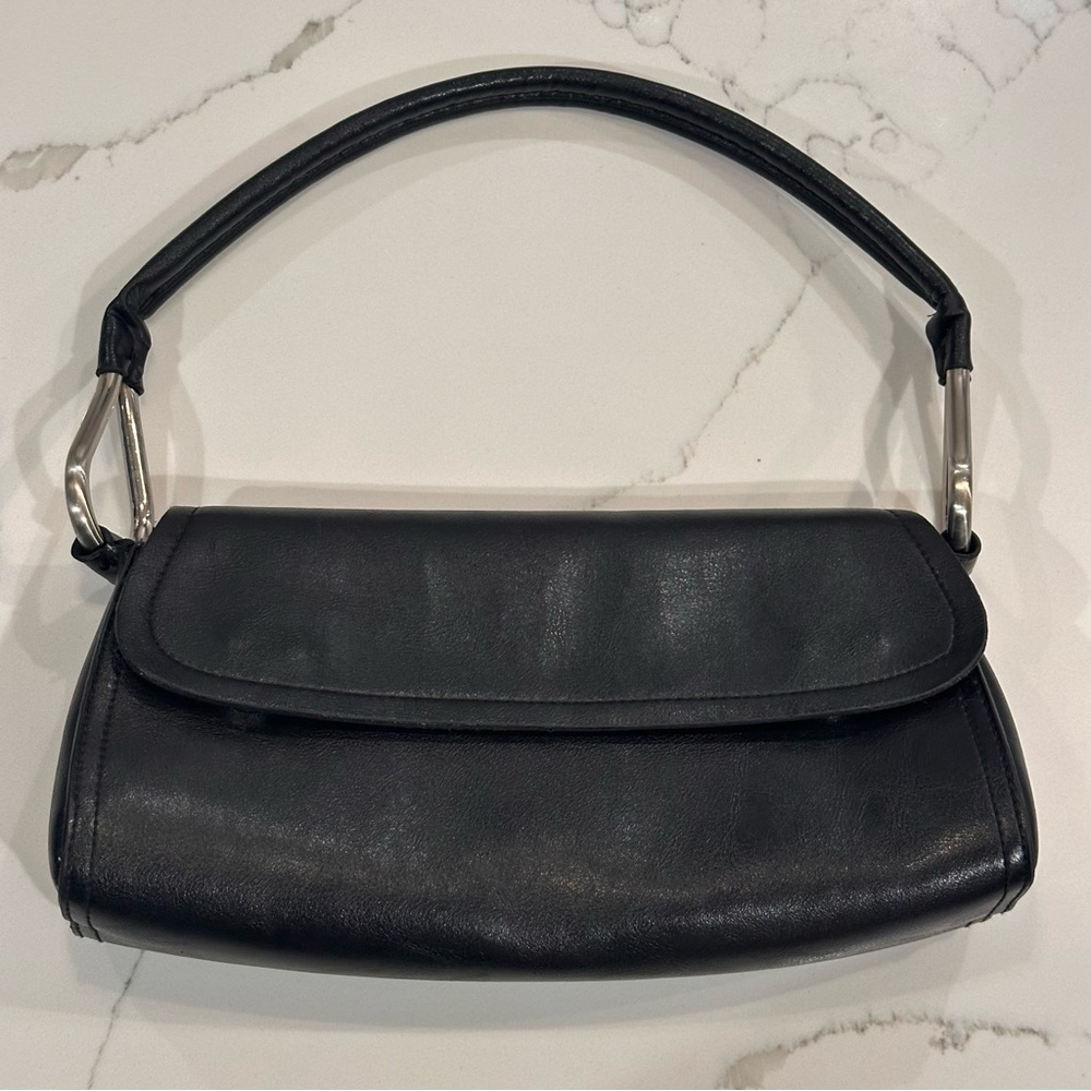 VTG Bueno Black Faux Leather Small Shoulder Bag Purse 90s Y2K Silver Chunky Glam